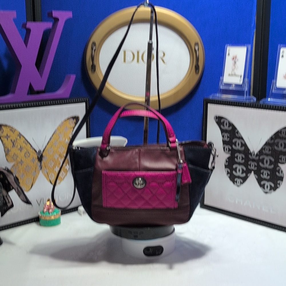 Coach Park Mini Quilted Colorblock In Navy Suede, Wine/ Pink Leather Purse - Picture 3 of 17